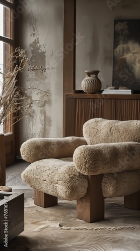 Un dúo de sillas que recuerdan a osos de peluche ofrece una calidez acogedora, sus formas mullidas y tapicería texturada sugieren un abrazo reconfortante. photo