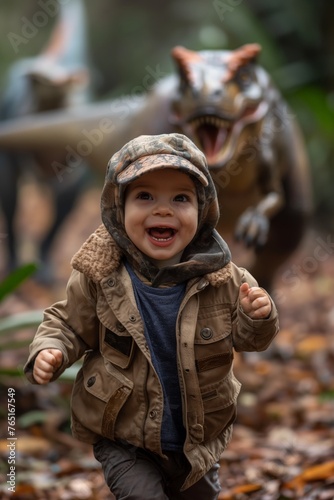 La alegría personificada corre delante de un imponente dinosaurio, la aventura de un niño pequeño, sus ojos iluminados con asombro, cada paso un capítulo en su gran épica imaginada. photo