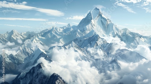 Sunny aerial view of snow-covered mountain peaks. Winter landscape photography. Nature and travel concept.