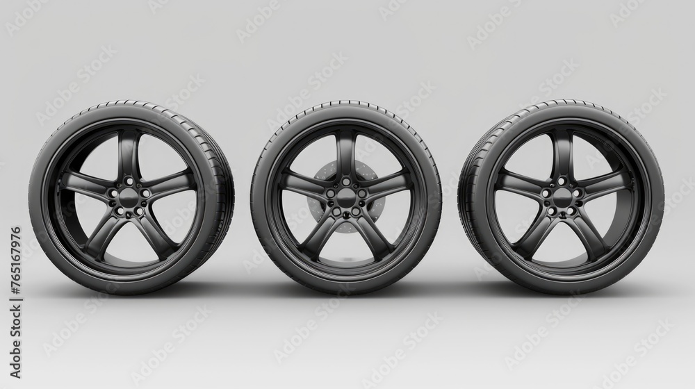 Image of three black wheels on a neutral gray background. Suitable for automotive industry advertising