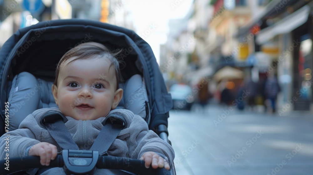 A baby sitting in a stroller on a bustling city street. Perfect for urban lifestyle and family concepts A baby sitting in a stroller on a bustling city street. Perfect for urban lifestyle and family concepts