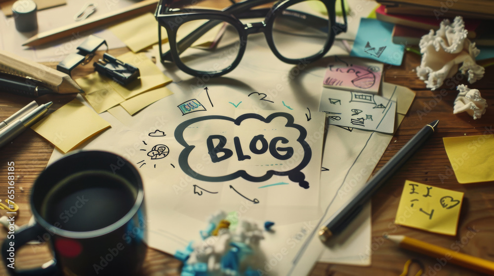 A notepad contains a colorful blog planning diagram with annotations and drawings. A notepad contains a colorful blog planning diagram with annotations and drawings.