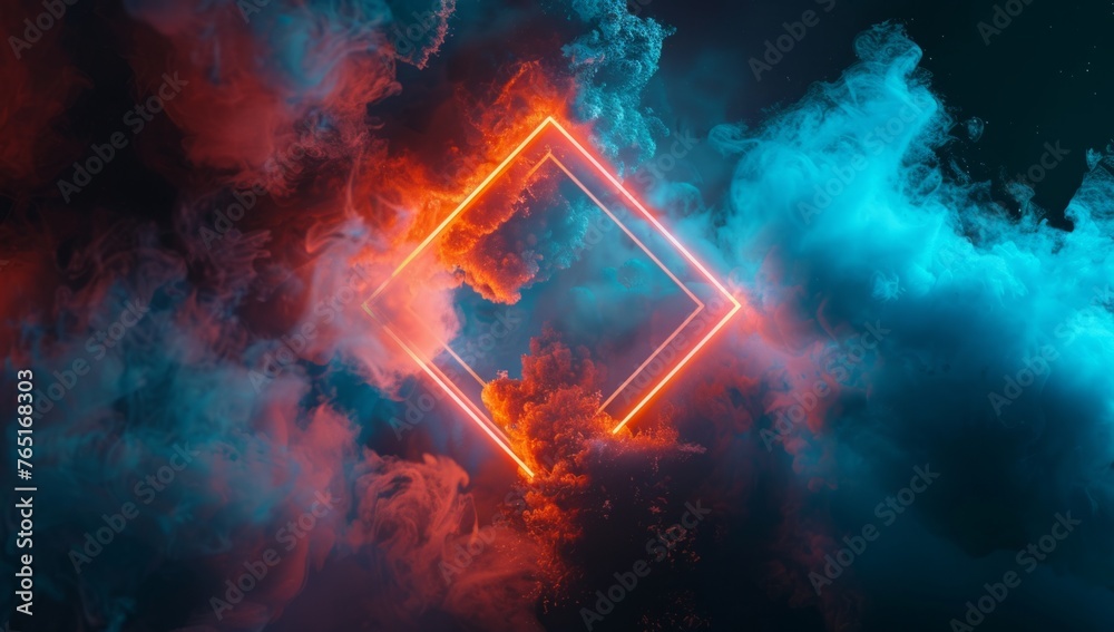 abstract cloud illuminated with neon light square frame on dark background with smoke and glow effect, glowing blue lines in the form of rhombus Generative AI