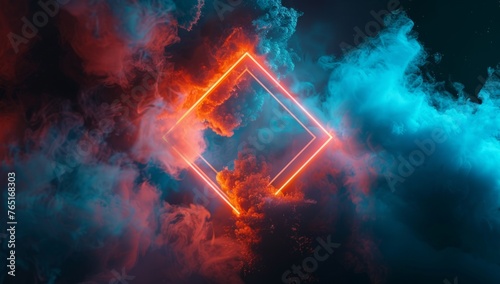 abstract cloud illuminated with neon light square frame on dark background with smoke and glow effect, glowing blue lines in the form of rhombus Generative AI