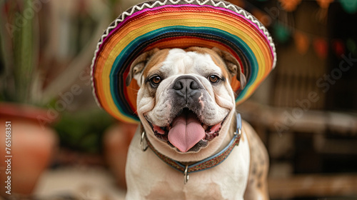 Charming Mexican Bulldog Wearing a Vibrant Sombrero, Posing in a Fun Theme Photoshoot with a Playful Expression, Perfect for Dog or Pet-Related Content  © Michael