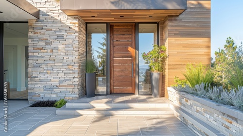 Modern house entrance with stone wall. Desert landscaping concept. Architectural exterior detail of residential house.