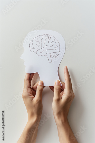 wo hands holding a white paper silhouette of a head with a brain outline against a light background