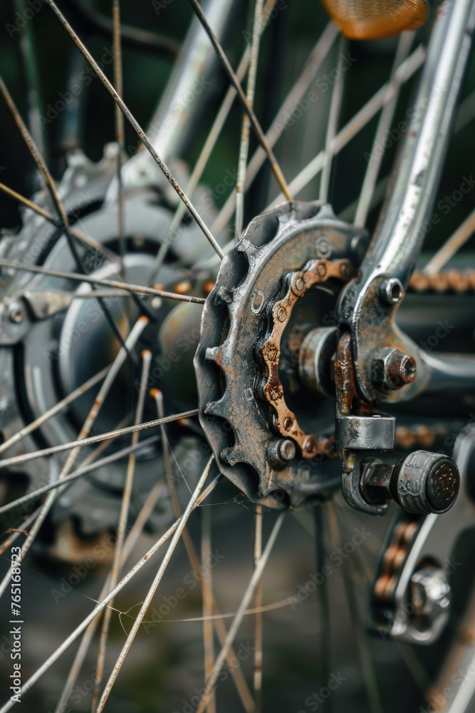 Fototapeta premium Detailed view of a bicycle's spokes and chain. Suitable for transportation concepts