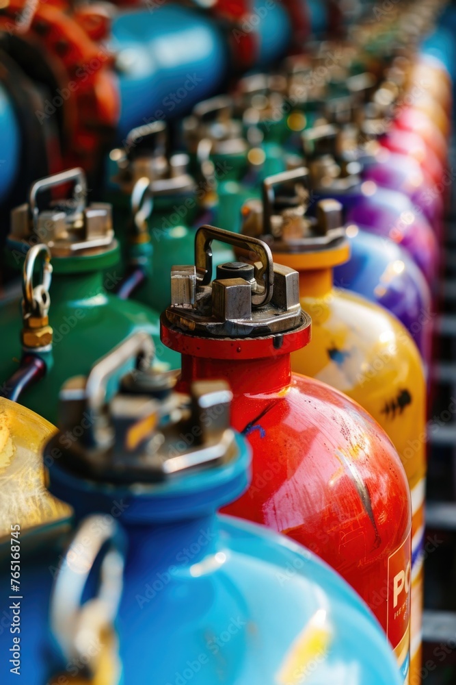 A row of multicolored fire hydrants lined up. Suitable for urban and safety concepts