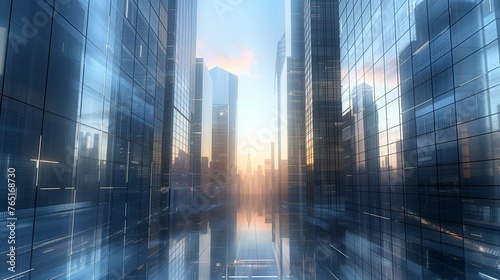 Futuristic Metropolitan Silhouettes: Crystalline Office Towers at Dawn - Envision the break of day in a bustling capture the first light.