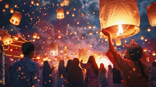 Group of people gathering around a sky lantern. Suitable for festive events