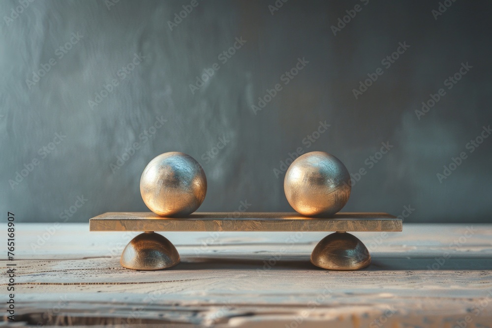 Two golden eggs on a wooden balance beam, ideal for financial concepts and success themes - obrazy, fototapety, plakaty 