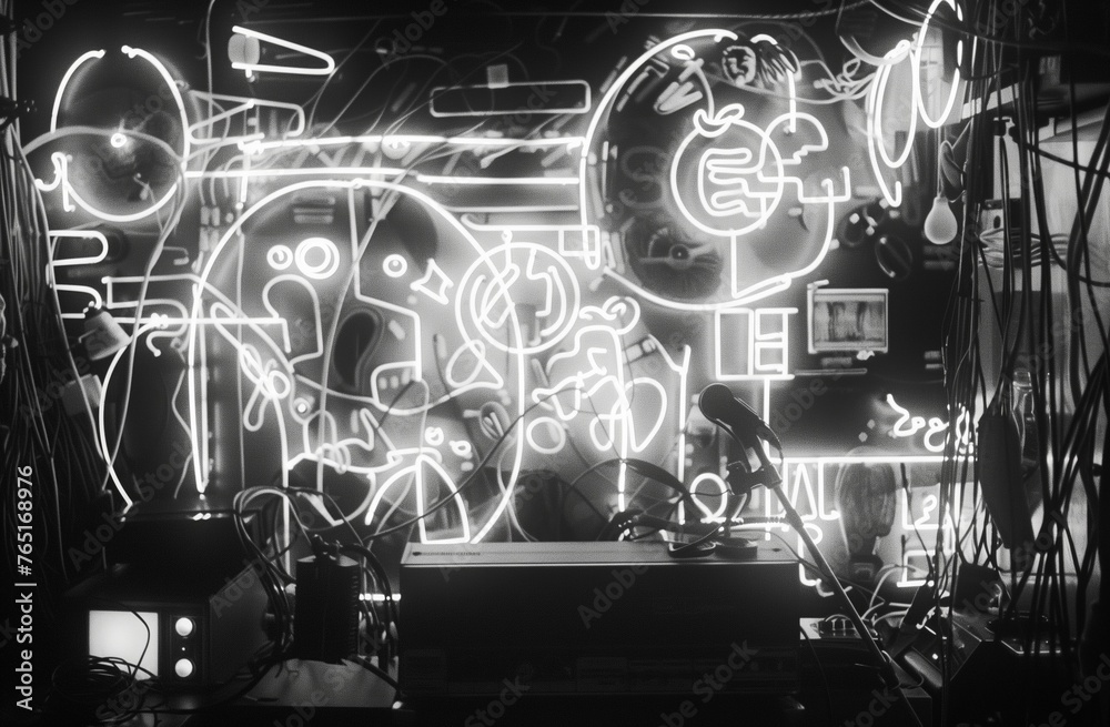 Black and white photograph of an art installation made from neon lights, surrounded by various electronic devices. From the series “Abstract Noir.” Black and white photograph of an art installation made from neon lights, surrounded by various electronic devices. From the series “Abstract Noir.”