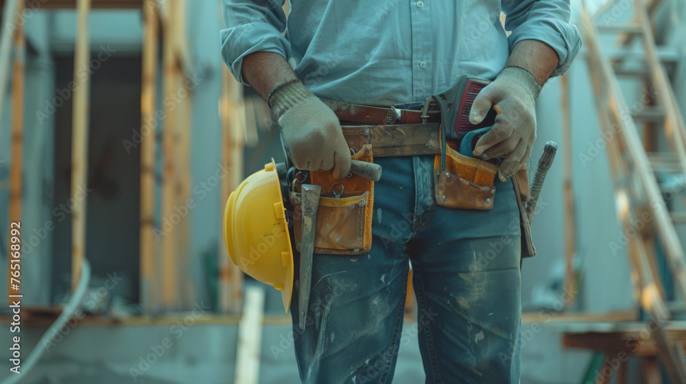 A close-up view of a construction worker's tool belt and hard hat. A close-up view of a construction worker's tool belt and hard hat.