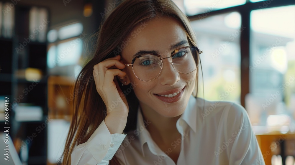 Woman with glasses talking on a cell phone, suitable for business or technology concepts Woman with glasses talking on a cell phone, suitable for business or technology concepts