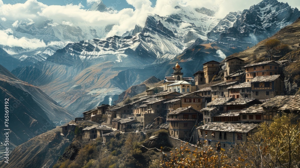 A scenic view of a village nestled in a valley. Suitable for travel brochures