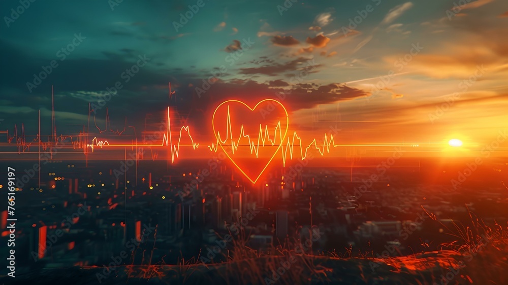 Vibrant sunset sky over cityscape with heartbeat illustration, symbolizing love and life. perfect for healthcare and romance themes. AI - obrazy, fototapety, plakaty 