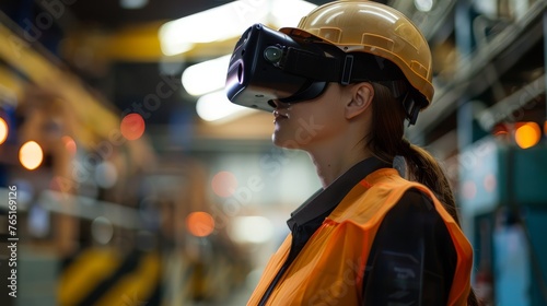 Female engineer using virtual reality headset in industrial setting. Close-up, studio portrait with bokeh background
