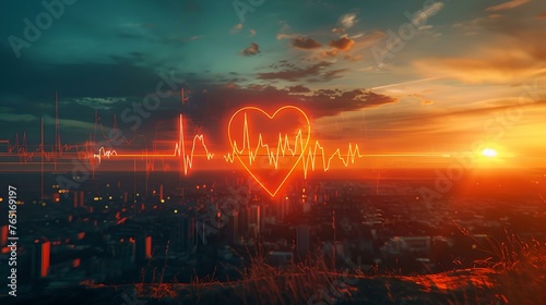 Vibrant sunset sky over cityscape with heartbeat illustration, symbolizing love and life. perfect for healthcare and romance themes. AI photo
