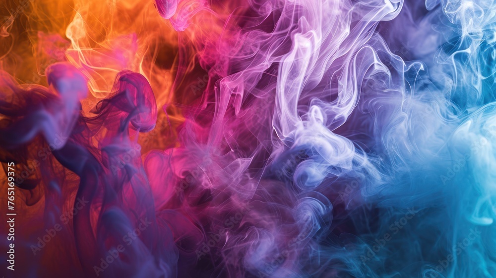 Colorful smoke background with swirling smoke in red, blue and purple colors.