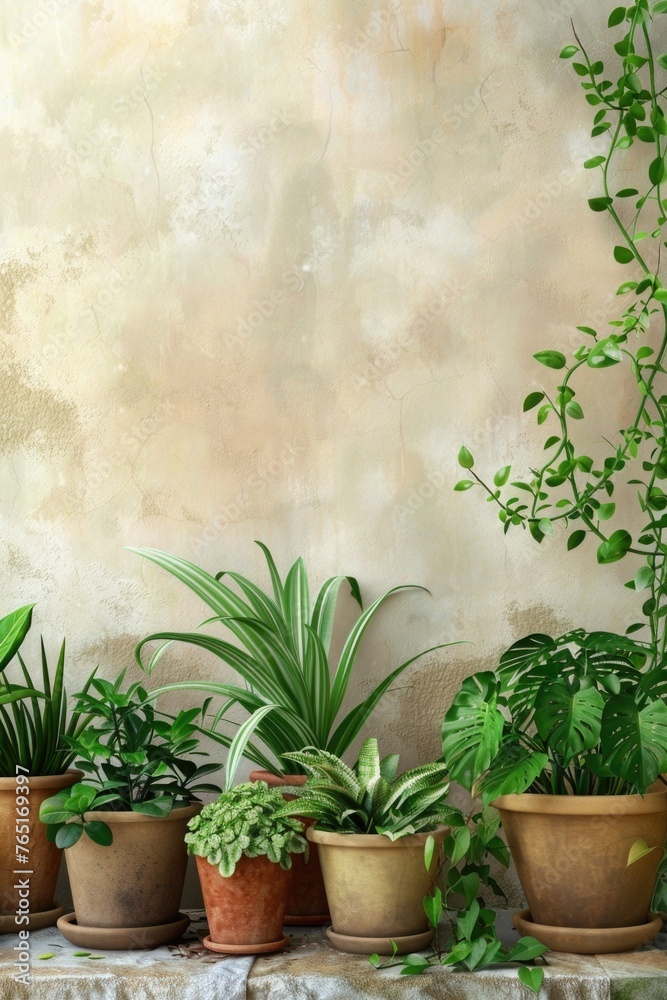 Fototapeta premium A row of potted plants sitting on a ledge. Suitable for home decor or gardening concepts