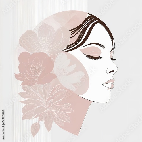 Abstract female face in one line. Woman face with flowers Surreal Line art female floral girl. Minimalism Abstract modern Continuous single line woman face portrait 