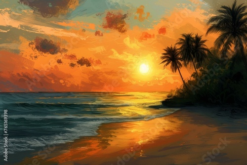 Beach palms sunset sea. Nature travel. Generate Ai