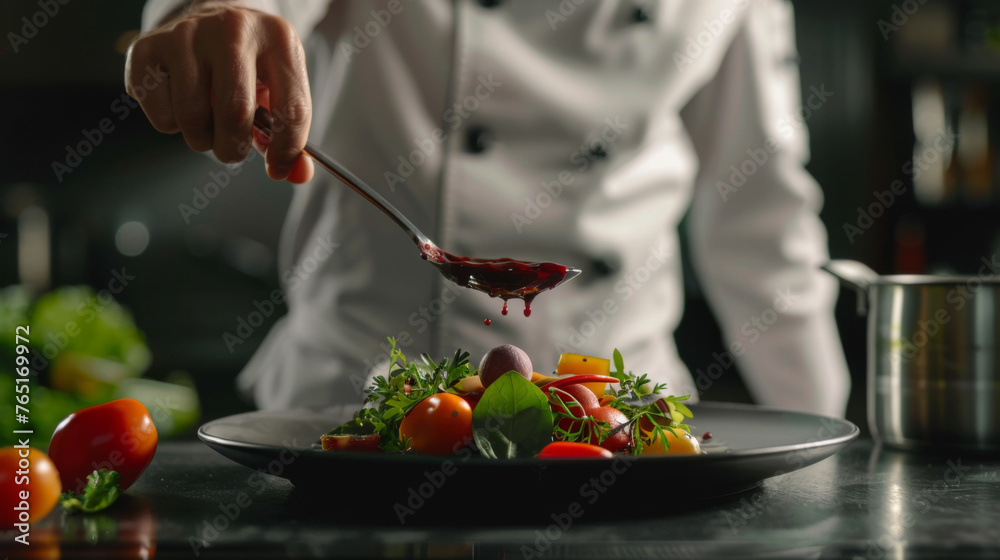 A chef's hand is drizzling sauce over a meticulously arranged gourmet dish. A chef's hand is drizzling sauce over a meticulously arranged gourmet dish.