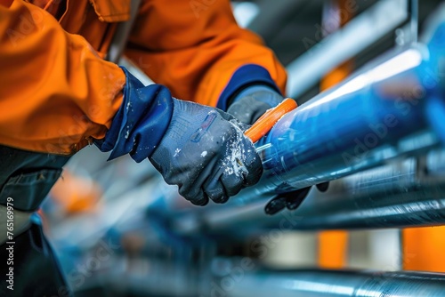 A man in an orange jacket and blue gloves working on a pipe. Suitable for industrial and construction concepts © Fotograf