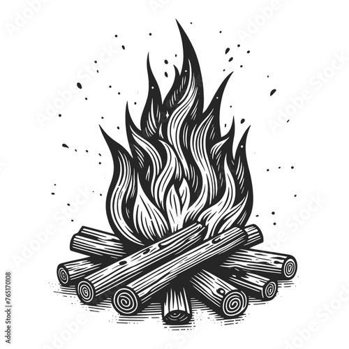 campfire with roaring flames and logs, executed in a detailed engraved style sketch engraving generative ai fictional character vector illustration. Scratch board imitation. Black and white image.