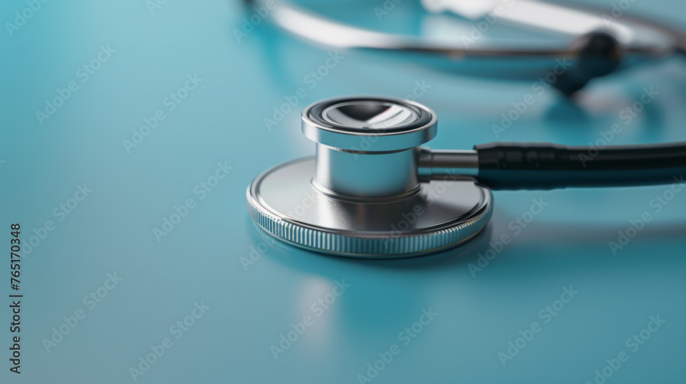 A stethoscope lies on a smooth blue fabric surface.
