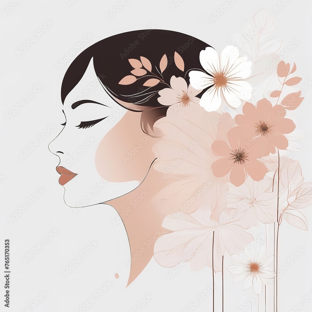 Abstract female face in one line. Woman face with flowers Surreal Line ...