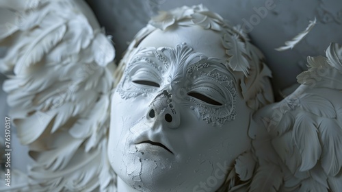 Close up of a white mask with wings, suitable for various concepts and designs