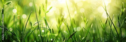 A Vibrant Green Grass Background Illuminated by Sunshine. Sunlit Summer Meadow