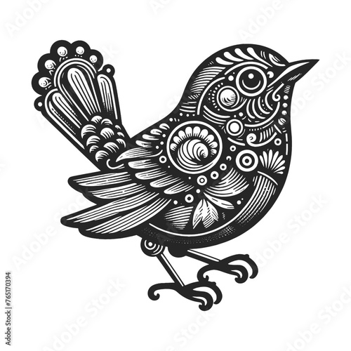 Intricate mechanical bird illustration in a black and white engraving style sketch engraving generative ai fictional character vector illustration. Scratch board imitation. Black and white image.