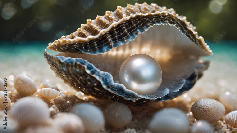 Image of a pearl in the shell on wet pebbles. Image of a pearl in the shell on wet pebbles.