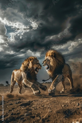 Two lions running across a dusty field, suitable for wildlife or nature themes