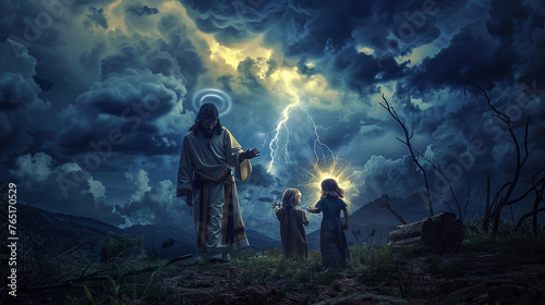 tempestade ao fundo, Jesus iluminado protege a família photo