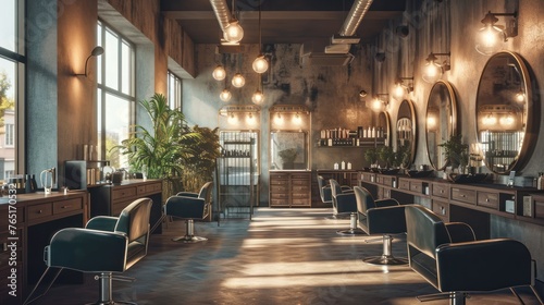A modern and luxurious hair salon with dim lighting, large windows, and a concrete wall. photo