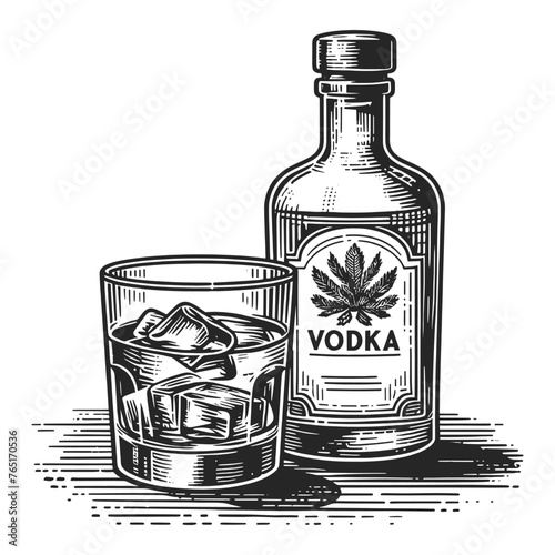 vintage vodka bottle next to a decorative glass sketch engraving generative ai fictional character vector illustration. Scratch board imitation. Black and white image.