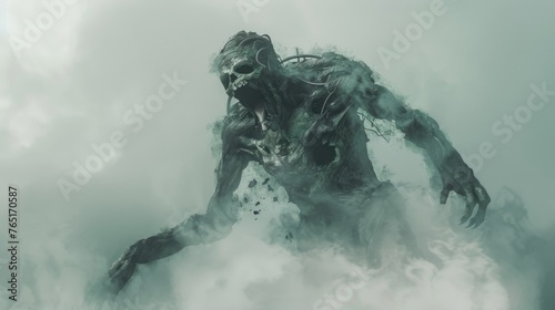 A man wearing a gas mask standing in a cloud of smoke. Suitable for industrial, environmental or apocalyptic themes