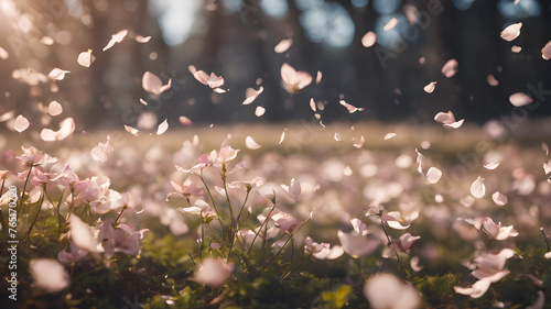 Background with ptreees with pink flowers and petals photo