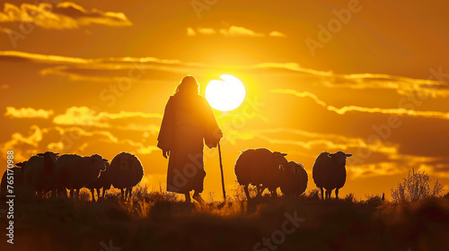 silhueta Jesus Cristo andando com ovelhas