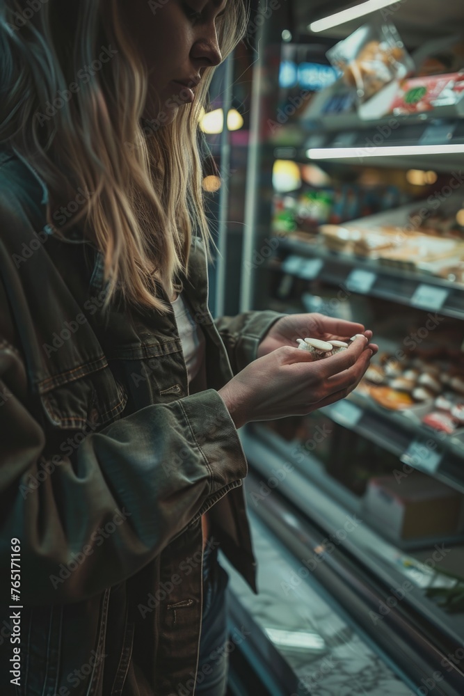 A woman checking her cell phone in a store. Suitable for retail concepts A woman checking her cell phone in a store. Suitable for retail concepts