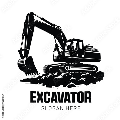 Excavator Vector Logo Template With Trackhoe silhouette On White Background And excavator machine