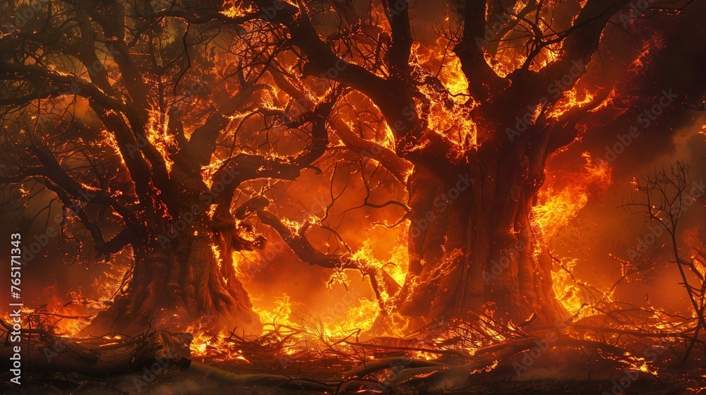 Intense Flames Engulfing Ancient Trees in a Wild Forest Fire - Ultra HD, High-Resolution Emergency Response Photography. Intense Flames Engulfing Ancient Trees in a Wild Forest Fire - Ultra HD, High-Resolution Emergency Response Photography.