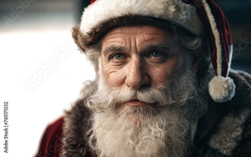 Santa Claus with long white beard and bobble hat and red Santa Claus costume, close-up face, Caucasian, old man, confident in a good mood