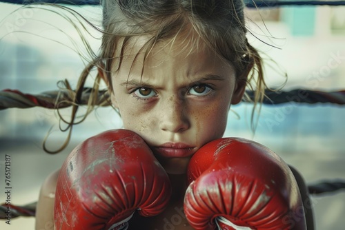 A young girl in red boxing gloves