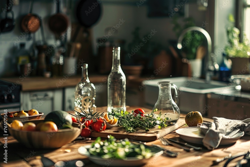 Fototapeta premium A wooden table set with various dishes. Perfect for food bloggers or restaurant promotions