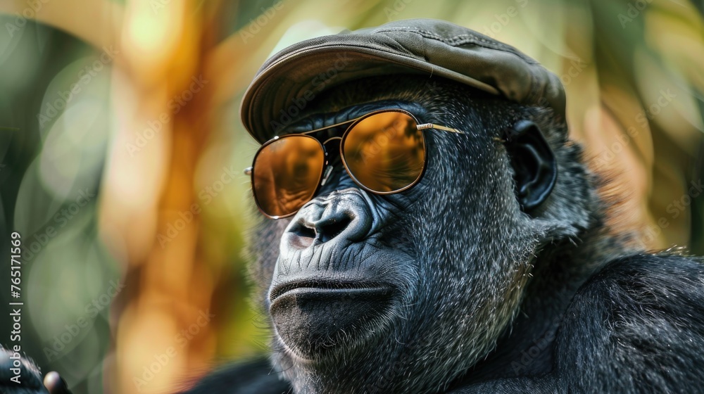 Close up of a gorilla wearing sunglasses and a hat. Great for summer themed designs Close up of a gorilla wearing sunglasses and a hat. Great for summer themed designs